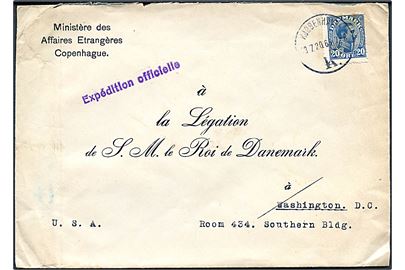 20 øre Chr. X på fortrykt kuvert fra Udenrigsministeriet i Kjøbenhavn d. 13.7.1920 til den danske legation i Washington DC, USA. På bagsiden laksegl fra Udenrigsministeriet.