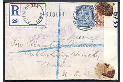 2d og 2½d George V på anbefalet brev fra Sutton on Sea d. 23.2.1919 til Boston, USA. Åbnet af britisk censur no. 6735 med laksegl P.C..