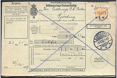 30 øre Chr. X på retur Indkasserings-Postanvisning fra Odense d. 3.1.1925 til Gjørding.