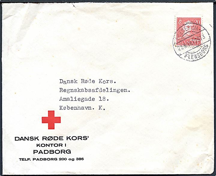 20 øre Chr. X på fortrykt kuvert fra Dansk Røde Kors's kontor i Padborg annulleret med bureaustempel Fredericia - Flensborg T.2973 d. 27.5.1946 til Røde Kors i København.