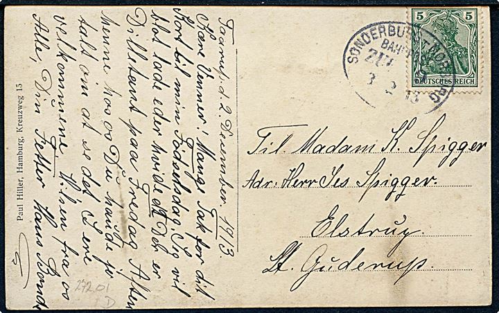 5 pfg. Germania på brevkort dateret Taarup annulleret med bureaustempel Sonderburg - Norburg Bahnpost Zug 9 d. 3.12.1913 til Guderup.