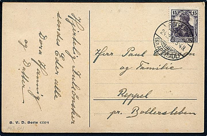 15 pfg. Germania på brevkort stemplet Rothenkrug (kr. Apenrade) d. 24.12.1919 til Bollersleben.