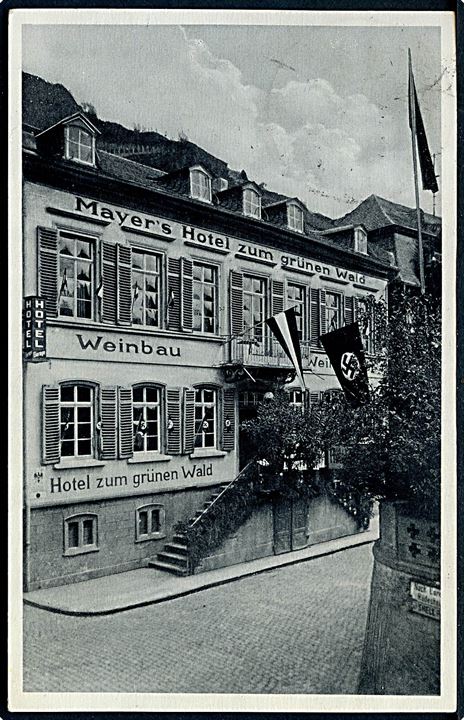 Tyskland. Kaub. Mayer's Hotel zum grünen Wald. Reklamekort. P. Zeil u/no. 