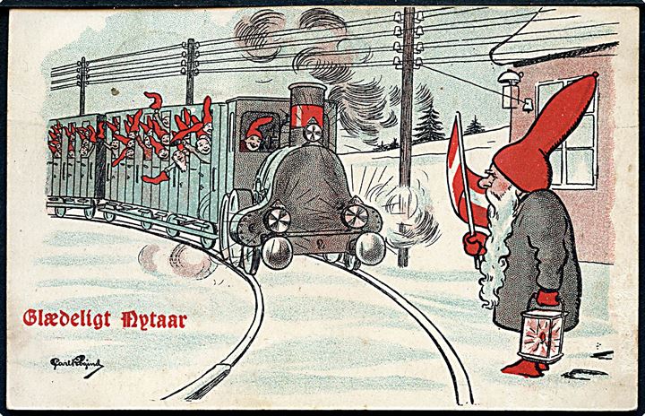 Carl Røgind: Glædeligt Nytaar, nisse venter på juletog. A. Vincent serie 317/5.