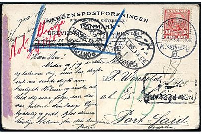 10 øre Chr. IX på brevkort fra Kjøbenhavn d. 15.11.1906 til S/S China i Port Said, Egypten. Retur med fransksproget stempel Ikke afhentet. Spor efter dansk forespørgselsetiket.