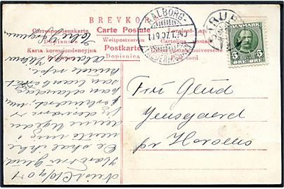 5 øre Fr. VIII på brevkort (Skagen Højskolehjem) annulleret med stjernestempel TYLSTRUP og sidestemplet bureau Aalborg - Frederikshavn T.940 d. 10.9.1907 til Horsens.