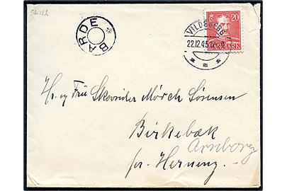20 øre Chr. X på brev fra Vildbjerg d. 22.12.1945 til Birkebæk pr. Herning - eftersendt til Arnborg med udslebet stjernestempel BARDE.