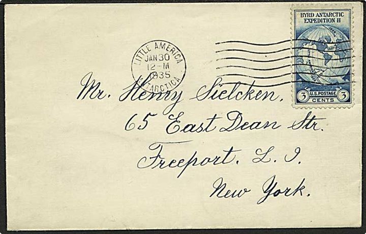 3 cents Byrd Antarctic Expedition II på brev stemplet Little America Antarctica d. 30.1.1935 til New York. På bagsiden transit stemplet: San Francisco/Little America Mail Received 25.3.1935.