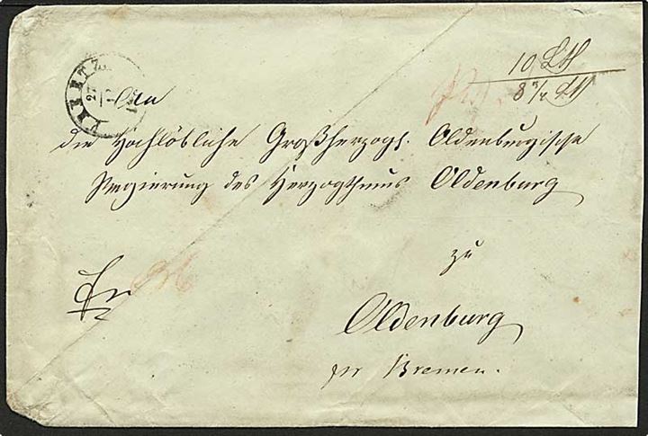 Francobrev med antiqua stempel Preetz d. 27.12.185x via K.D.O.P.A. Hamburg til Oldenburg pr. Bremen.