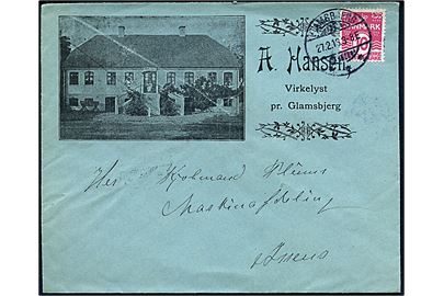 10 øre Bølgelinie på illustreret firmakuvert fra A. Hansen Virkelyst pr. Glamsbjerg annulleret Glamsbjerg d. 27.2.1913 til Assens.