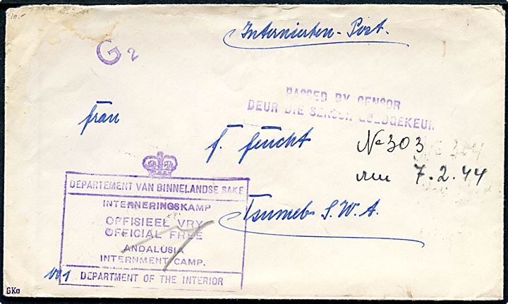 Ufrankeret interneret forsendelse med rammestempel fra Department of the Interior / Andalusia Internment Camp 1944 til Tsumeb, S.W.A. Lejr censur og ank.stempel på bagsiden Tsumeb S.W.A. d. 7.2.1944.