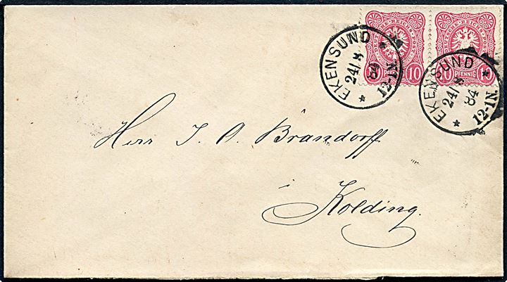 10 pfg. Adler i parstykke på brev annulleret med enringsstempel Ekensund ** d. 24.8.1884 til Kolding, Danmark.