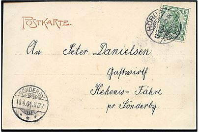 5 pfg. Germania på brevkort (Dampskibsstation Kekenis og Fyrtårn) annulleret Hörup *(Alsen)* d. 13.4.1904 til Sönderby. Ank.stemplet Sönderby d. 14.4.1904.