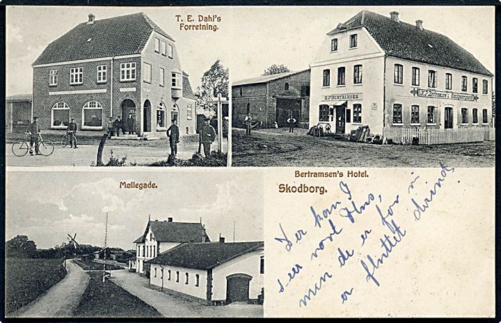 Skodborg, partier med Møllegade med stationen, T. E. Dahl's Forretning og Bertramsen's Hotel. A. Juul u/no.