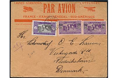 60/75 c. (4) Provisorium og 1 fr. (2)  på for- og bagside af fortrykt luftpost kuvert Lignes Ariennes Latacoere France-Maroc-Senegal-Sud-Amerique fra Rufisque Senegal d. 9.2.1926 til Frederikshavn, Danmark. 