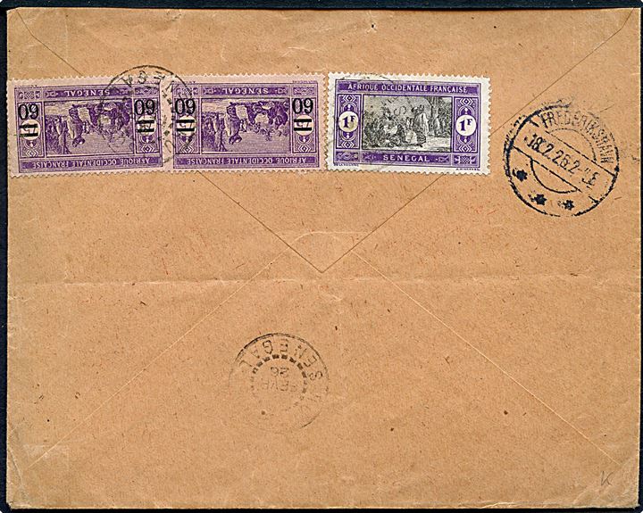 60/75 c. (4) Provisorium og 1 fr. (2)  på for- og bagside af fortrykt luftpost kuvert Lignes Ariennes Latacoere France-Maroc-Senegal-Sud-Amerique fra Rufisque Senegal d. 9.2.1926 til Frederikshavn, Danmark. 