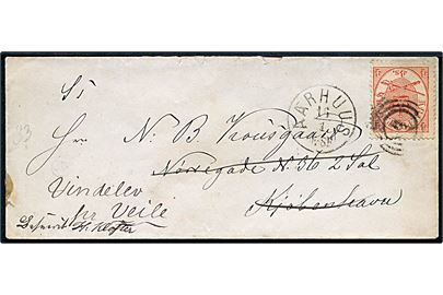 4 sk. Krone/Scepter på landpostbrev - X under mærke - annulleret med nr.stempel 5 og sidestemplet lapidar Aarhus d. 16.1.1868(?) til Kjøbenhavn - eftrsendt til Vindelev pr. Veile.