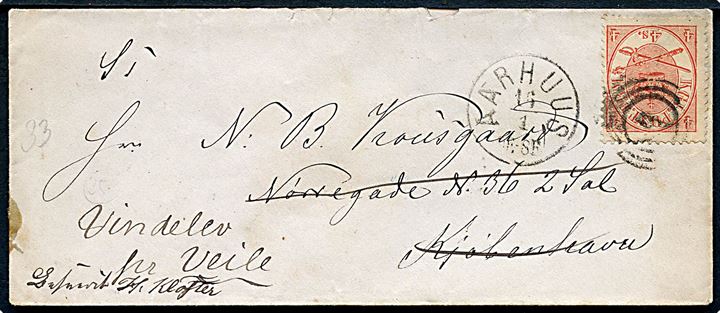 4 sk. Krone/Scepter på landpostbrev - X under mærke - annulleret med nr.stempel 5 og sidestemplet lapidar Aarhus d. 16.1.1868(?) til Kjøbenhavn - eftrsendt til Vindelev pr. Veile.