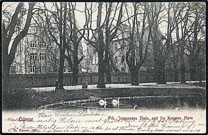 Odense. Frk. Jørgensens Skole, set fra Kongens Have. Stenders no. 282. 