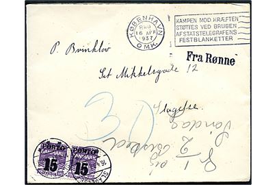 Ufrankeret brev fra Rønne med TMS i København d. 16.4.1937 og sidestempel Fra Rønne til Slagelse. Udtakseret i porto med 15/12 øre Porto-provisorium i parstykke stemplet Slagelse d. 16.4.1937. På bagsiden noteret: Undskyld Frimærket, men Kiosken er Lukket.