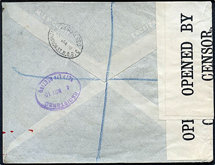 1d (2) og 2d George V på anbefalet brev fra London d. 15.1.1918 til Moskva, Rusland. Åbnet af britisk censur no. 272 og returneret med violet rammestempel Mail Service Suspended. Ank.stemplet i London d. 4.11.1918.