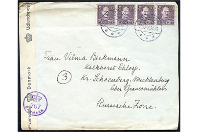 10 øre Chr. X i 4-stribe på brev fra Helsingør d. 12.12.1946 til Kalkhorst Schlosy, Russisk Zone, Tyskland. Åbnet af dansk efterkrigscensur (krone)/707/Danmark.