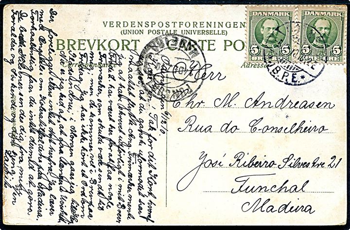 5 øre Fr. VIII i parstykke på brevkort fra Odense JB.P.E. d. 6.12.1910 til Funchal, Madeira. Ank.stemplet d. 14.12.1910.