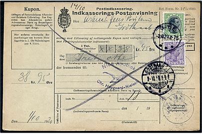 15 øre og 30 øre Chr. X på retur indkasserings-Postanvisning fra Nibe d. 2.10.1920 til Godthaab St.