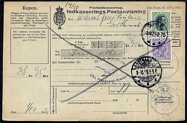 15 øre og 30 øre Chr. X på retur indkasserings-Postanvisning fra Nibe d. 2.10.1920 til Godthaab St.