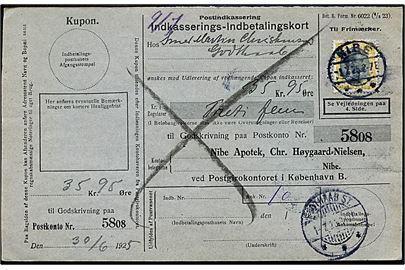 35 øre Chr. X single på retur Indkasserings-Indbetalingskort fra Nibe d. 1.7.1925 til Godthaab St.