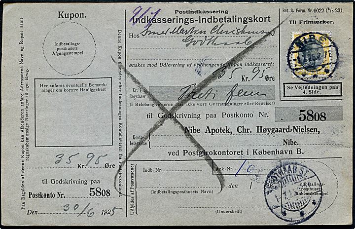 35 øre Chr. X single på retur Indkasserings-Indbetalingskort fra Nibe d. 1.7.1925 til Godthaab St.