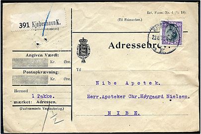 40 øre Chr. X single på adressebrev for pakke fra Kjøbenhavn d. 23.6.1919 til Nibe.