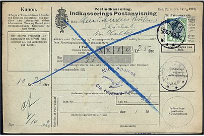 30 øre Chr. X single på retur Indkasserings-Postanvisning fra Nibe d. 2.10.1920 til Halkjær.