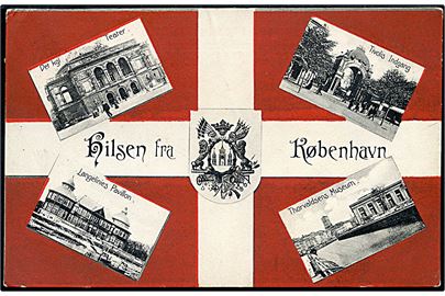 Købh., “Dannebroghilsen” med bl.a. Tivoli og kgl. Teater. Stenders no. 8151. Kvalitet 8