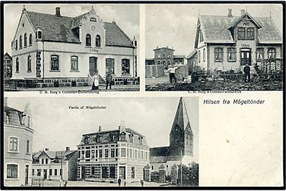 Møgeltønder, “Hilsen fra” med gadeparti, C.H. Borg’s Colonialvarehandel og Cementvarefabrik. A. Juul u/no. Kvalitet 8