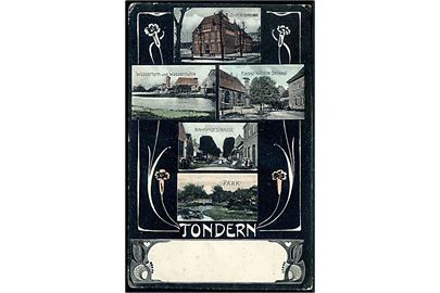 Tønder, partier med bl.a. Bahnhof Strasse, Lehrer-Seminar og Wassermühle. M. Glückstadt & Münden no. 32694.