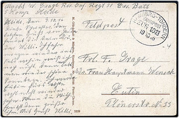 Ufrankeret feltpostkort fra soldat i Heide med bureaustempel Hamburg - Tondern Bahnpost Zug 1011 d. 10.10.1916 til Eutin.