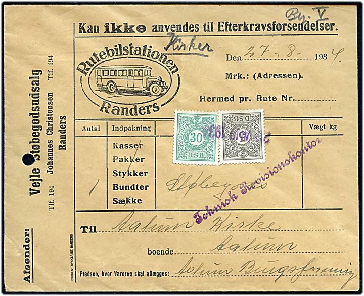 DSB 5 øre og 30 øre Fragtmærker annulleret med datostempel d. 27.8.1934 på fortrykt kuvert fra Randers Rutebilstation til Aalum. Arkivhul.