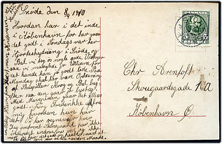 5 øre Fr. VIII på brevkort dateret d. 8.9.1910 med stjernestempel STORE SNØDE til København.