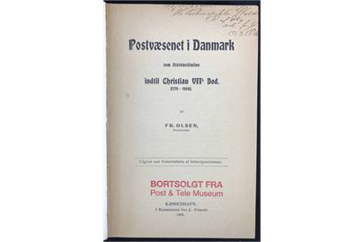 Postvæsenet i Danmark som Statsinstitution indtil Christian VII's død (1711-1808) af Fr. Olsen. Hovedværk indenfor dansk posthistorie. Flot indbundet eksemplar.