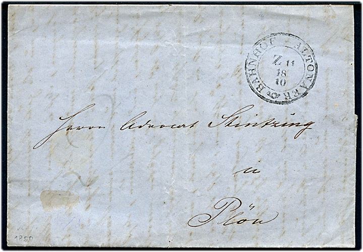 1850. Portobrev med langt indhold og antiqua Altonaer Bahnhof d. 18.10.1850 Z11 til Plön. Påskrevet 2 med blæk.