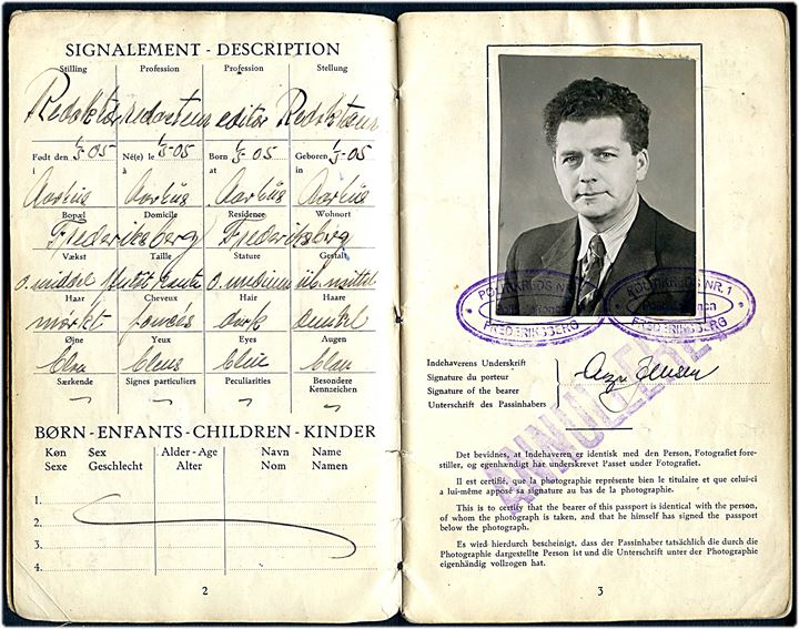 Rejsepas for redaktør med foto udstedt i København 1945. Flere viseringer - bl.a. til Sverige hvis der ikke tages  del i politisk propaganda, stempelmærker fra Schweiz og Military Permit Office i København. Fængselsvæsenets Trykkeri, Nyborg.