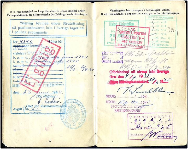 Rejsepas for redaktør med foto udstedt i København 1945. Flere viseringer - bl.a. til Sverige hvis der ikke tages  del i politisk propaganda, stempelmærker fra Schweiz og Military Permit Office i København. Fængselsvæsenets Trykkeri, Nyborg.