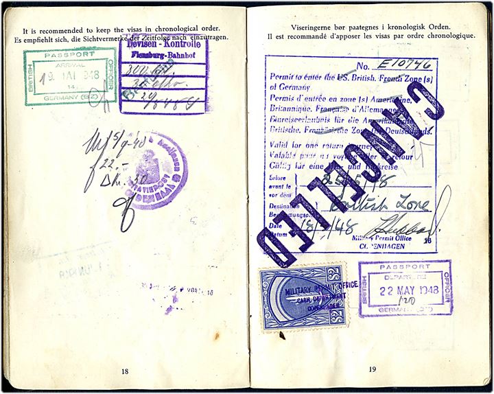 Rejsepas for redaktør med foto udstedt i København 1945. Flere viseringer - bl.a. til Sverige hvis der ikke tages  del i politisk propaganda, stempelmærker fra Schweiz og Military Permit Office i København. Fængselsvæsenets Trykkeri, Nyborg.