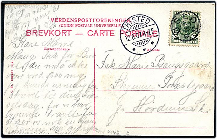 5 øre Fr. VIII på brevkort (Taarbæk havn) annulleret med stjernestempel ØSLØS og sidestemplet Thisted d. 12.8.1907 til Hørdum.