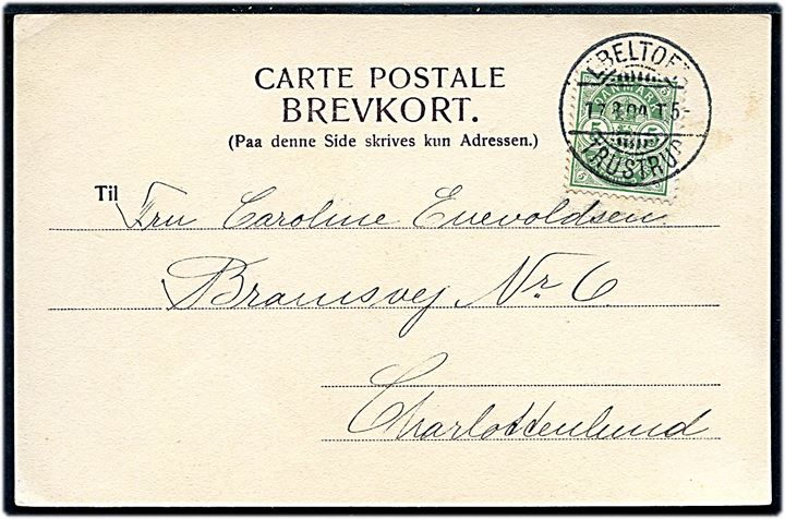 5 øre Våben på brevkort fra Ebeltoft annulleret med bureaustempel Ebeltoft - Trustrup T.5 d. 17.8.1904 til Charlottenlund.