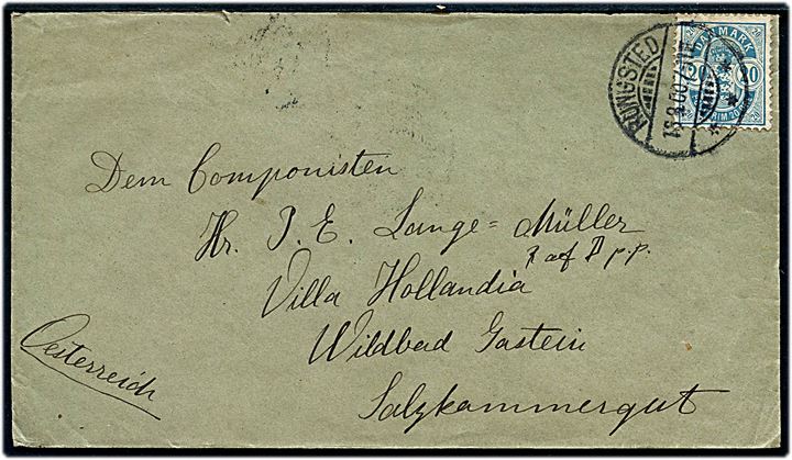 20 øre Våben med matricefejl brud på ydre cirkellinie single på brev fra Rungsted d. 13.8.1900 til komponisten Lange-Müller i Wildbad, Salzkammergut, Østrig.