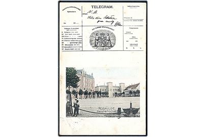 Roskilde, “Telegram-hilsen” med prospekt af Hestetorvet. Johs. Bruun no. 9189. Afrevet mærke. Kvalitet 6