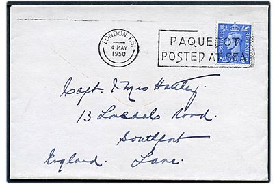 2½d George VI på brev annulleret med skibsstempel London F.S. /Paquebot posted at sea d. 4.5.1950 til Southport, England.
