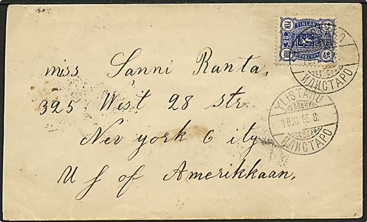 25 pen. Våben single på brev annulleret med 2-sproget stempel Ylistaro d. 19.12.1895 til New York, USA.